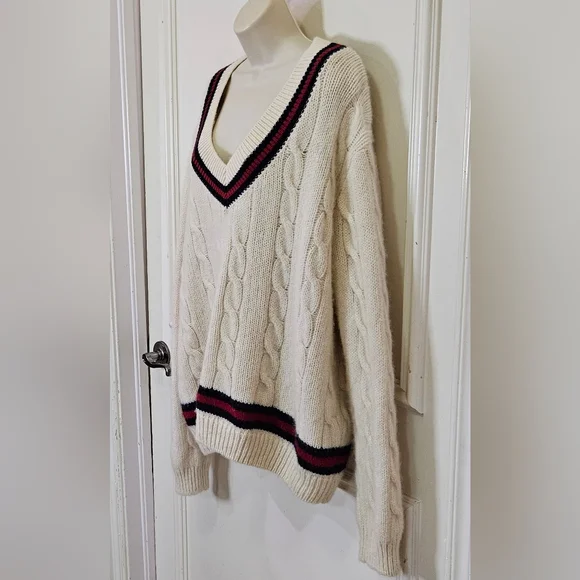 Brandy Melville NIKKI Cream/Red/Navy Cable Knit Oversized Wool Sweater,One Size - Picture 6 of 16